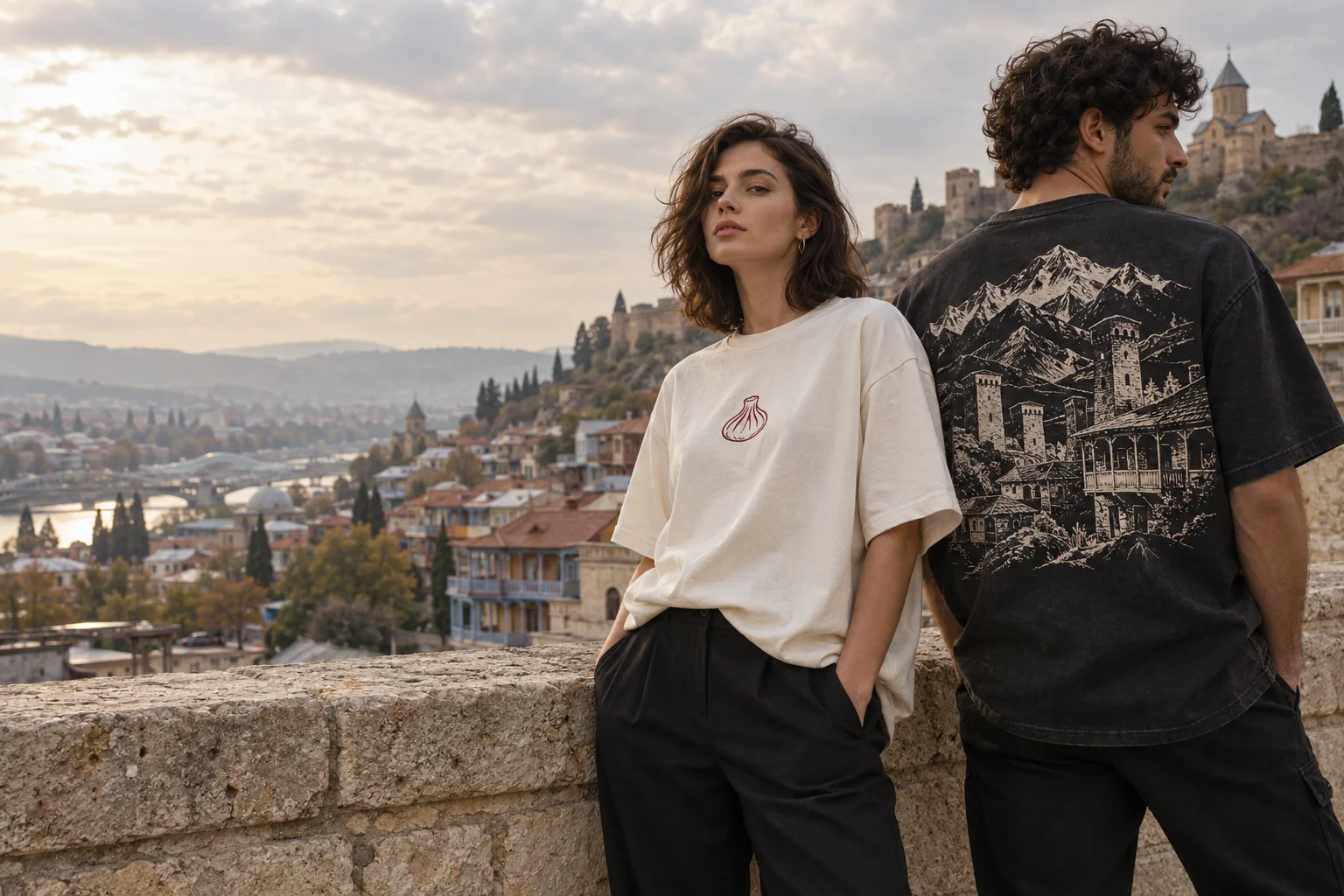 Two models in an ivory khinkali tee and black Tbilisi back-print tee, overlooking the old town